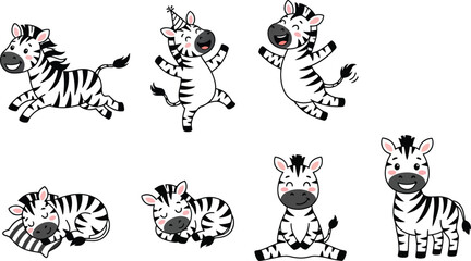 Obraz premium A collection of cute cartoon zebra characters in various poses and expressions.