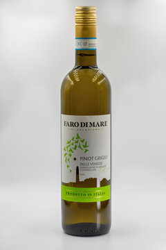 Faro di Mare Pinot Grigio wine bottle closeup on white.