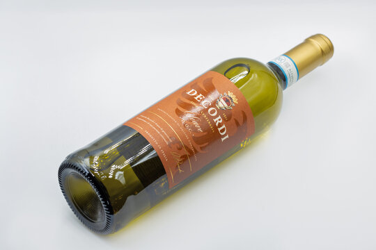 Decordi Soave DOC Italian white wine closeup on white.