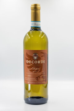 Decordi Soave DOC Italian white wine closeup on white.