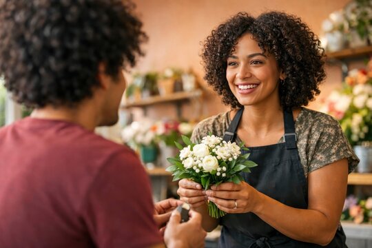 Cheerful florist handing bouquet, small flower shop interior, customer checkout moment