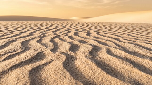 Sand ripples glowing under golden hour light across a vast white desert landscape with sharp focus for travel marketing
