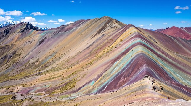 Rainbow mountain vinicunca showcasing colorful mineral layers in the peruvian andes sharp landscape shot for travel industry marketing