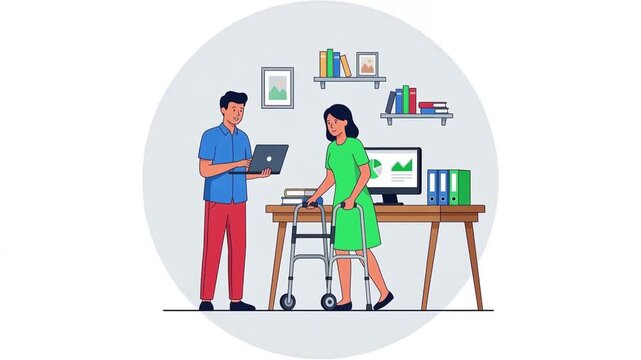 Flat vector illustration of woman with walker talking to colleague, workplace diversity accessibility and disability inclusion concept for HR promo