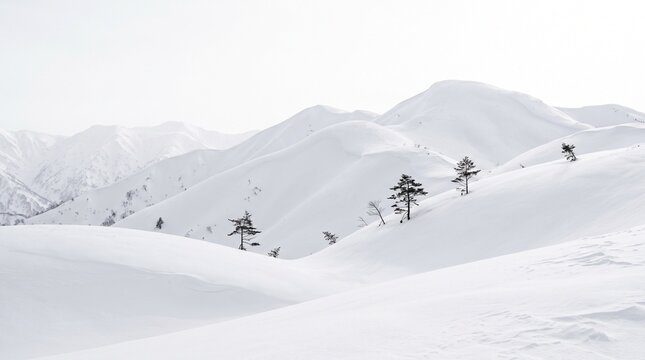 Snowy mountain peak rolling across a winter ridge in a minimalist style for travel marketing
