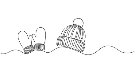 Obraz premium Continuous line drawing of a winter hat and mittens on a white background