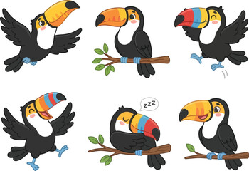 Fototapeta premium Set of cute cartoon toucan birds in various poses and expressions.