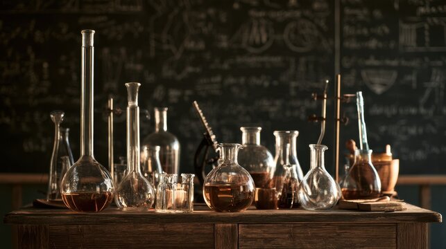 Vintage chemistry glassware with assorted laboratory vessels on wooden table in front of blackboard with handwritten formulas and diagrams