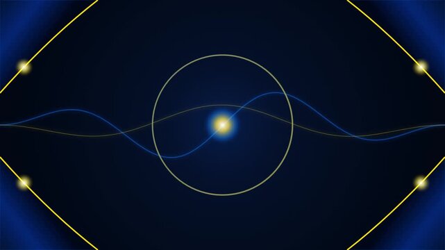 Futuristic glowing gold and blue quantum atom model with waves rotating on dark background