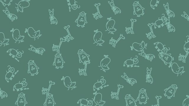 Seamless pattern featuring cute hand drawn animal doodles on a solid green background.