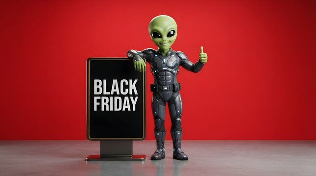 Friendly alien character standing next to a black friday sign