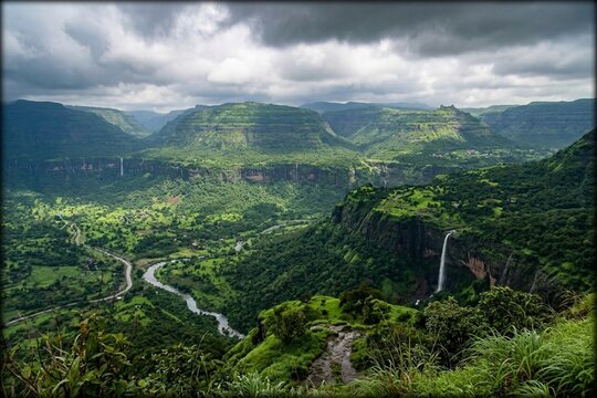 Bhimashankar Mountain Range with Multiple Waterfalls and Lush Green Sahyadri Mountains, Maharashtra, India