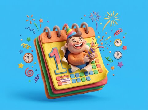 3D Happy Man Popping Out of Calendar New Year Concept