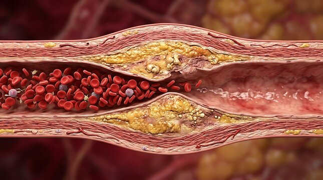 Atherosclerosis medical visualization of narrowed artery with cholesterol plaque and blood cells