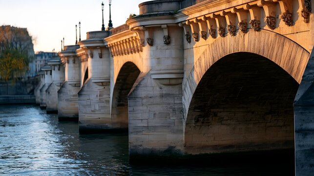 A historic stone bridge with arched openings spans a calm river under warm golden hour light