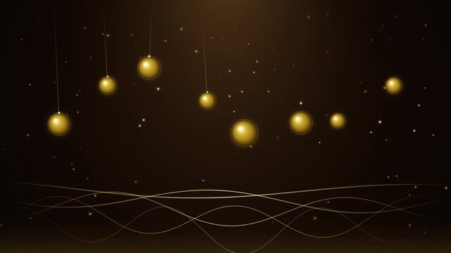 Golden Christmas balls hanging on elegant brown background with glowing stars and wavy lines