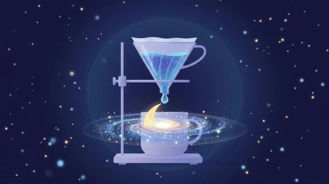Halloween Cinematic 4K animation of a coffee dripper brewing a galaxy, surreal space coffee concept with glowing stars and a crescent moon, motion graphic