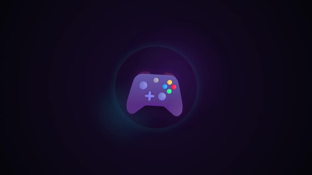 Glowing purple game controller floating in dark space.
