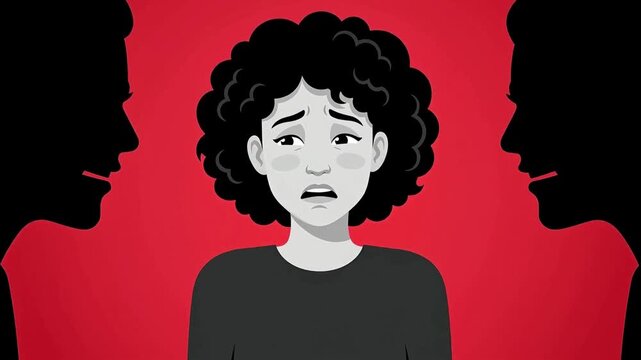 Scared woman blamed by two whispering shouting silhouettes on red background, cyberbullying social pressure and anxiety concept