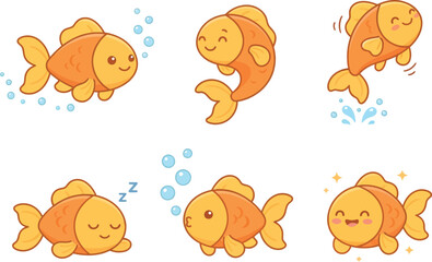 Obraz premium A collection of six cute cartoon goldfish in various poses and expressions.
