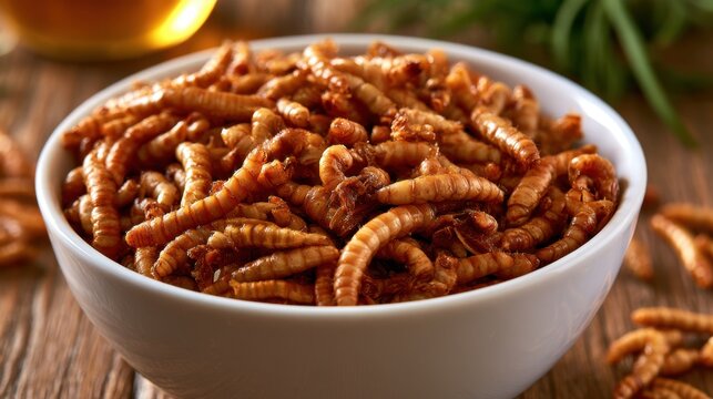 Close up of a white bowl filled with fried edible insect larvae on wooden surface with natural lighting and blurred background