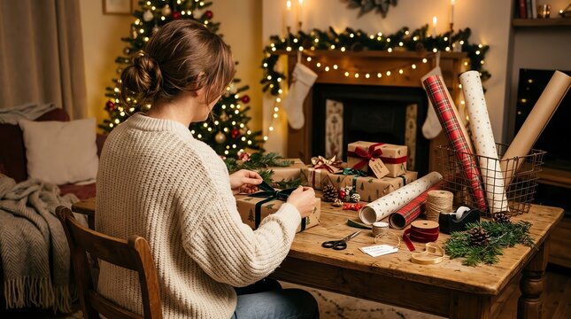 Woman Wrapping Christmas Gifts by a Fireplace and Tree