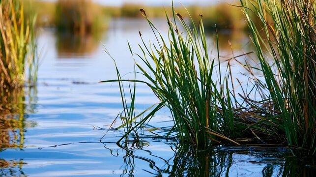 A serene marsh scene with tall green reeds emerging from calm blue water  reflecting sunlight in a tranquil natural setting