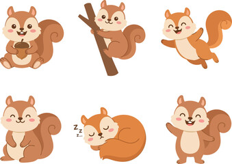 Naklejka premium Set of cute cartoon squirrels in various poses and activities.