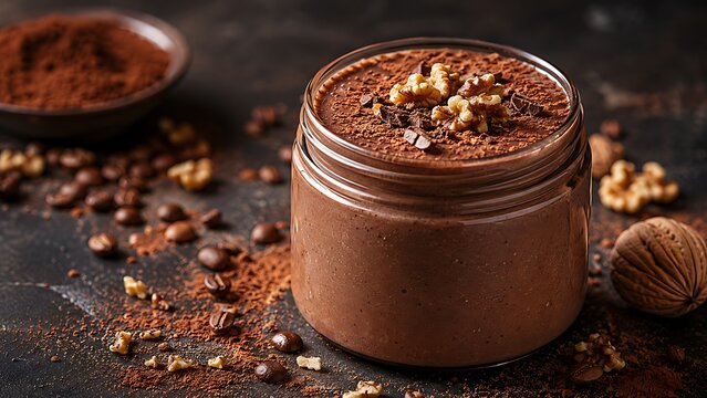 Homemade chocolate mousse in a glass jar topped with walnuts and cocoa powder