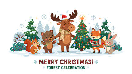 Fototapeta premium Cute Forest Animals Celebrate Christmas in Snowy Woodland