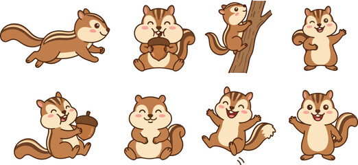 Obraz premium A collection of cute cartoon chipmunks in various playful poses and expressions.