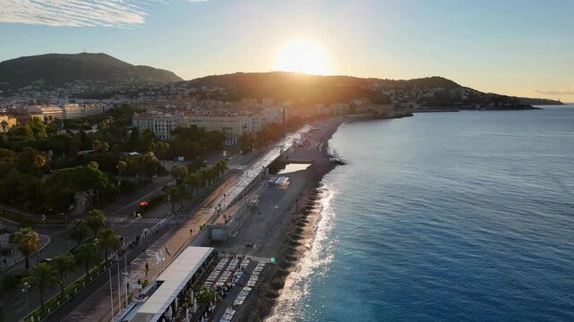 Aerial View of Nice France and the Coastline as the Sune Rises