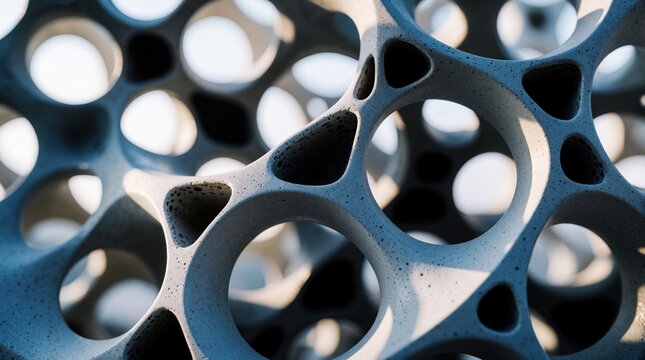 Abstract geometric structure with interconnected organic holes, curved shapes. Modern architectural design shows complex network pattern in soft light. Grey 3D texture looks like cellular lattice