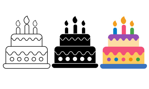 Three different styles of birthday cake icons with candles for celebration design