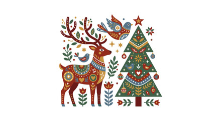 Fototapeta premium Folk Art Christmas Deer and Tree Illustration