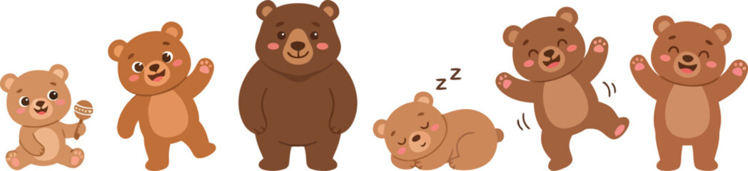 Fototapeta premium A collection of cute cartoon brown bears in various playful poses and expressions.