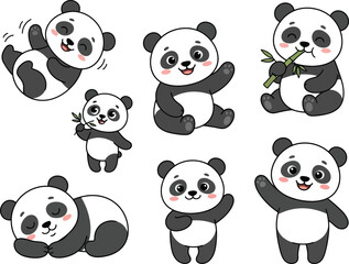 Obraz premium A collection of cute cartoon panda bears in various playful poses and activities.