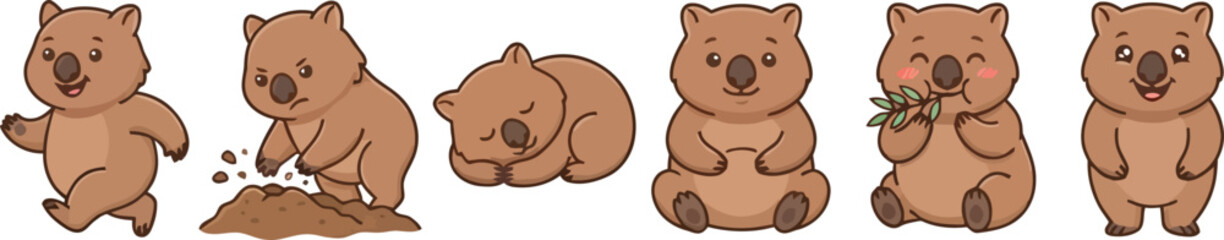 Fototapeta premium Set of cute cartoon wombat characters in various poses and activities.