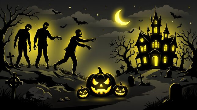 Haunted Night Scene Featuring Two Zombies Walking Over Jack O'Lanterns Near Gothic Castle Under Moonlight