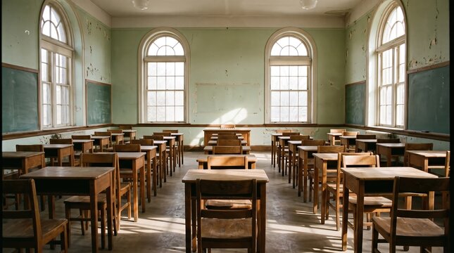 Empty Classroom. Back to school concept in high school. Classroom Interior Vintage Wooden Lecture Wooden Chairs and Desks. Studying lessons in secondary education. generative ai 