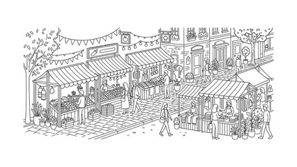 Obraz premium Hand-drawn illustration of a charming European street market scene with people browsing stalls selling fresh produce and flowers, set against quaint buildings.
