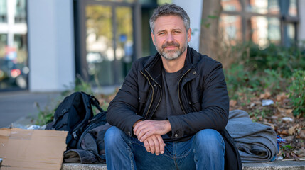 Fototapeta premium Homeless man sitting alone beside a cardboard sign on the steps of an urban building, tired but dignified expression, backpack and folded blanket nearby, poverty and housing insecurity awareness, so