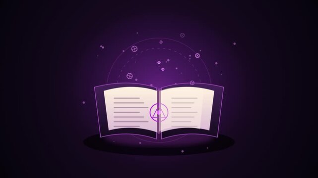 Magical forbidden spellbook glowing with mystic runes and flying pages for Halloween
