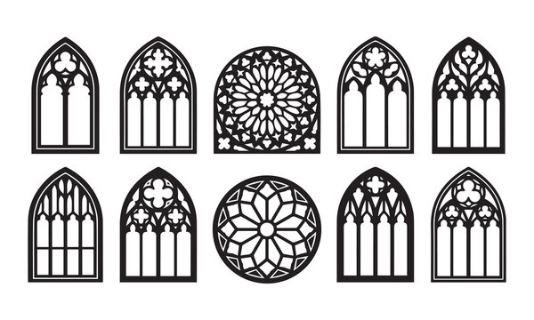 Collection of ornate gothic architectural windows and rose windows in black and white