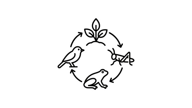 Food chain cycle with plant bird grasshopper frog around arrows icon.