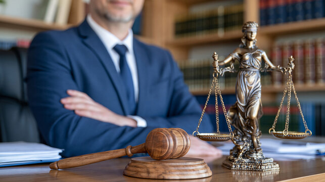 Legal professional standing confidently in a sophisticated law office beside a Lady Justice statue, balanced scales and wooden gavel arranged on a polished desk, legal documents and law books in bac