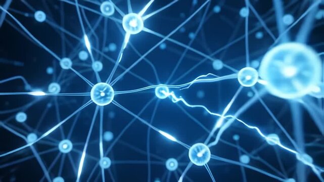 Abstract digital neural network background showing glowing synapses and brain cells transmitting signals in blue tones