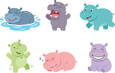 Fototapeta premium A collection of six adorable cartoon hippos in various poses and colors.