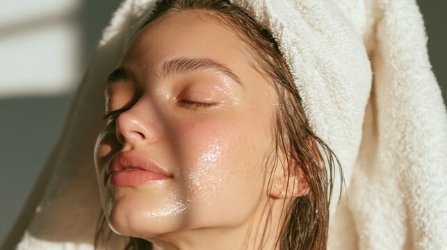 Close-up of peaceful woman with wet face and towel wrapped on head enjoying natural light skincare routine at home with fresh clean skin