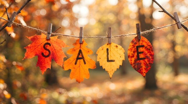 Autumn leaves hanging on a rustic twine string with the word sale written on them against a soft blurred golden forest background